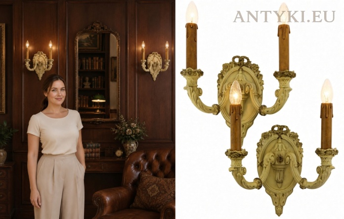 francuskie kinkiety Louis XVI po obu stronach lustra w eleganckim gabinecie z drewnianymi ścianami